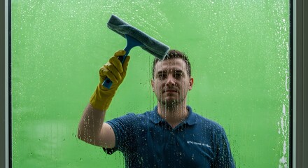 Professional young male worker in yellow gloves and blue uniform cleaning a window with a squeegee, looking at the camera on a green screen background