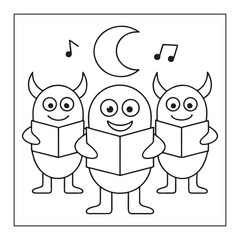 Three Cartoon Creatures with Horns Singing from Books Under a Crescent Moon reading