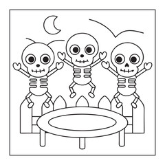 Three Cartoon Skeletons Jumping on a Trampoline with a Crescent Moon and Birds in the Sky outline