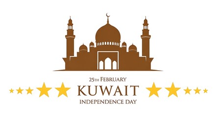 Silhouette of a brown mosque sits above golden stars for Kuwait independence day with transparent background