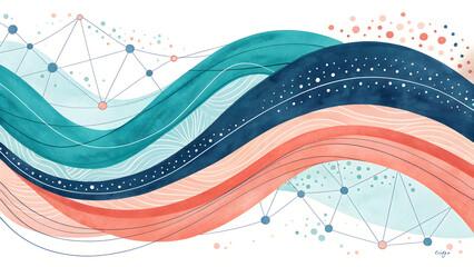 Abstract watercolor waves with geometric network connections and dots image