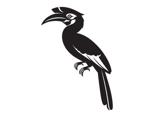 Solid Black Hornbill Silhouette Perched. Vector black silhouette. with white background