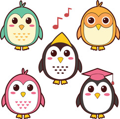 Fototapeta premium Group of cute cartoon birds and penguins with musical notes