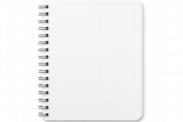 Spiral-bound notebook displaying blank white pages, transparent background highlighting clean design for creative mockups