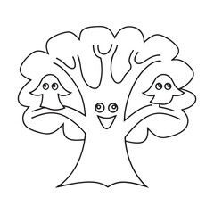 Happy anthropomorphic tree with two friendly ghosts perched on its branches halloween