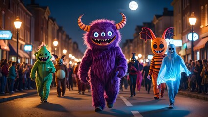 Monsters in costume marching down a festive street at night