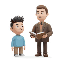 Teacher teaching student, 3D Cartoon style illustration, White Background