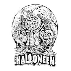 Halloween Pumpkin Head Scarecrow in Vintage Ink Style