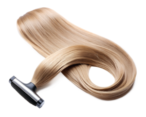 A single strand of long, shiny blonde hair with a styling brush, isolated on transparent background