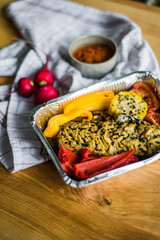 Grilled chicken breast and meat with vegetables for a healthy diet.