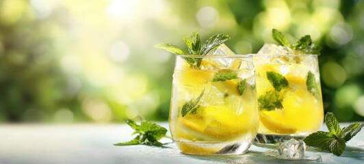 The lemon mint cocktails on a sunlit table with glare and bokeh background