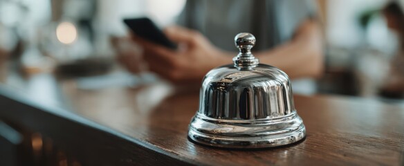 The Bell on a Polished Wooden Counter in a Cozy Hotel Reception