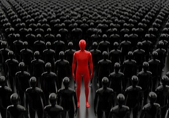 A red figure stands out in a crowd of black figures highlighting individuality leadership and standing out