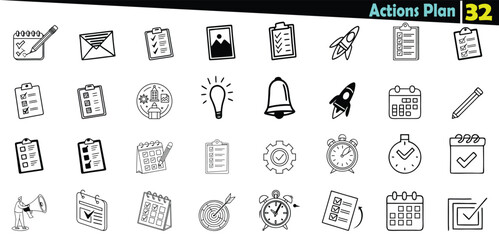 Collection of black and white hand-drawn icons representing planning and action items checklist