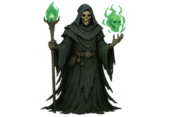 Powerful lich necromancer casting green magic spell with staff and skull on transparent background