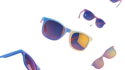 Stylish sunglasses floating on colorful gradient backdrop