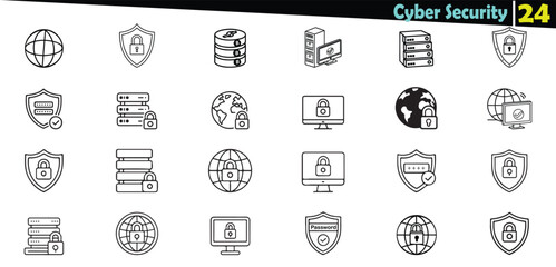 Collection of black and white line art icons representing cyber security concepts like shields locks servers and globes