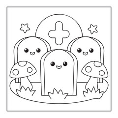 Spooky graveyard scene with cute tombstones and mushrooms for Halloween cemetery