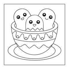Three adorable cartoon ghosts nestled together in a decorative bowl on a saucer cute illustration