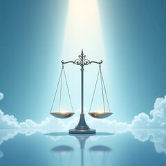 Scales of justice minimal illustration in blue and gold on sky background symbolizing fairness and law 