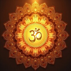 Golden Om mandala ornate design in warm tones symbolizing spirituality and meditation with copy space