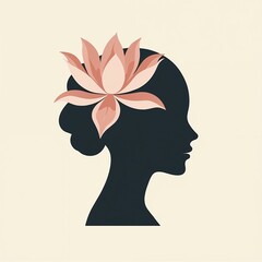 Woman silhouette serene representing mindfulness with lotus on beige background with copy space