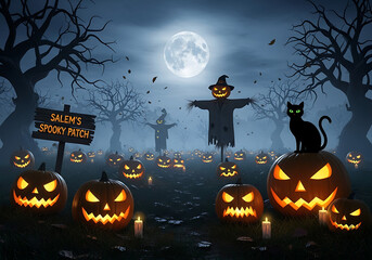 Halloween scene with jack-o'-lanterns, scarecrows, and black cat under full moon