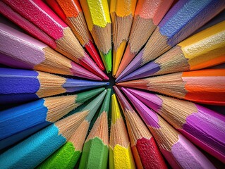 A detailed macro shot of colorful pencils arranged in a circular pattern with their sharpened tips pointing inward. The pencils display a spectrum of colors from red to violet.