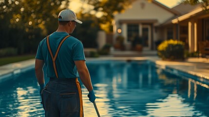 A pool maintenance professional ensures cleanliness and safety by performing essential upkeep tasks beside a residential pool during golden hour.