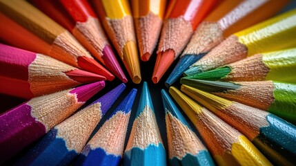 Naklejka premium A detailed macro shot of colorful pencils arranged in a circular pattern with their sharpened tips pointing inward. The pencils display a spectrum of colors from red to violet.