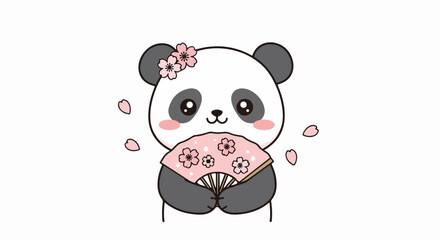 Cute Panda with Cherry Blossom Fan