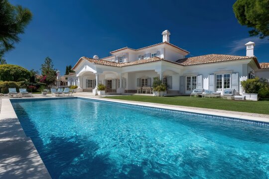 Stunning white villa with a sparkling pool in the Algarve, Portugal surrounded by lush greenery on a sunny day