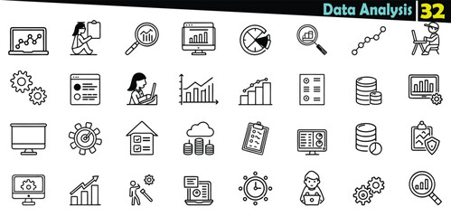 Collection of black line art icons representing data analysis and business concepts technology