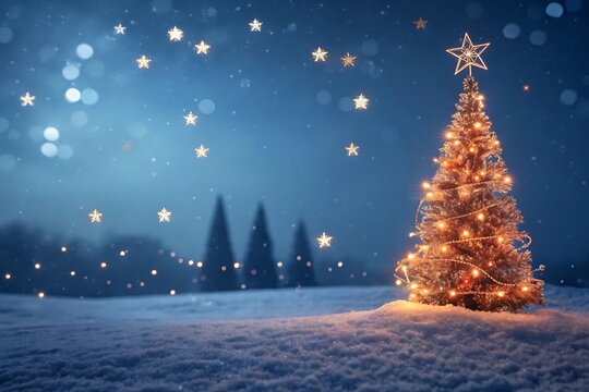 A festive christmas tree glows in a snowy landscape under a starry sky creating a magical winter wonderland