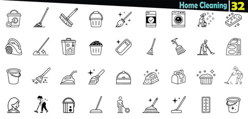 Collection of black outline icons depicting home cleaning tools and activities house hygiene