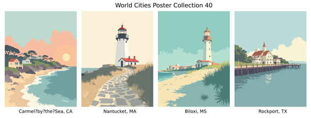 Carmel?by?the?Sea, CA , Nantucket, MA , Biloxi, MS , Rockport, TX  ci Flat Vector Poster Collection