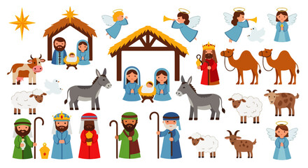 Nativity Scene Cartoon Illustration with Holy Family and Animals