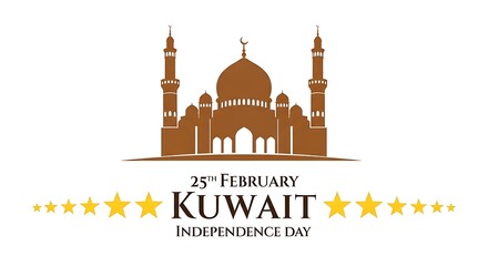 Kuwait Independence Day celebration featuring a brown mosque silhouette and golden stars on a white backdrop