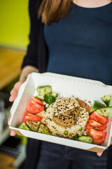 Healthy vegetable salad with tomatoes, peppers, cucumbers, onion and cheese.