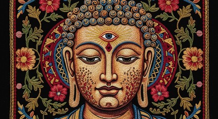 Fototapeta premium Buddha Portrait with Third Eye and Ornate Floral Embellishments