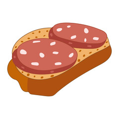 Tasty Sandwich with Salami Vector Illustration. Colorful vector illustration of an appetizing open faced sandwich topped with two slices of salami on a piece of bread.