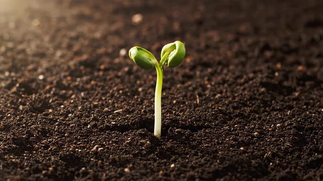 Green Bean Sprout Emerging from Soil - A young green bean sprout emerges from rich, dark soil, reaching towards soft, ambient sunlight.