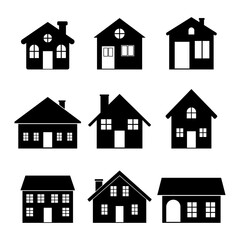 Set of Black Silhouette House Icons Collection. Vector illustration featuring a collection of nine black silhouette house icons, each with distinct architectural designs.