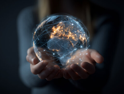 holding glowing digital globe world with network connections in open hands