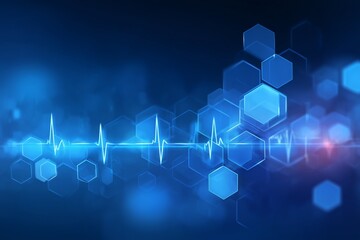 Obraz premium Blue digital background with pulse wave and hexagonal shapes.