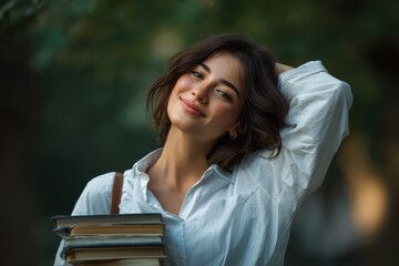 Fototapeta premium Joyful woman smiling outdoors with books in hand near university campus during a sunny day