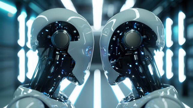 Two humanoid robots facing each other in a futuristic corridor with bright neon lighting effects
