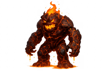 Lava golem emerging from transparent background, embodying fiery power