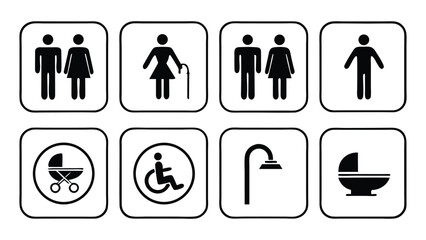 Collection of eight black and white pictograms including people gender symbols disabled access baby stroller shower and toilet