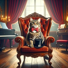 A cat in a fancy chair, elegant room